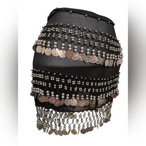 Black Chiffon Belly Dance Hip Scarf with Silver Coins - Rhythmic Jingle & Tassel
